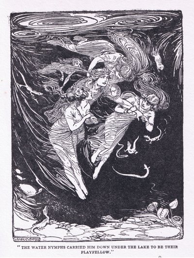 水上仙女把他带到了湖边的玩伴那里，摘自《英雄》，由George Allen and Unwin 1929年出版（石印）。 作者 乔治·索珀