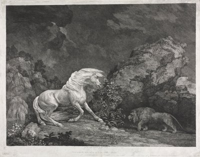 1777年，一匹被狮子吓倒的马。 作者 乔治·斯塔布斯