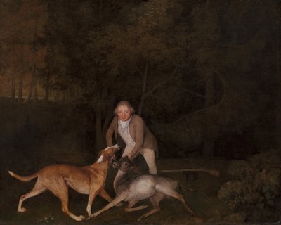 克拉伦登伯爵的猎物管理员弗里曼和一只垂死的母鹿和猎犬，1800年。 作者 乔治·斯塔布斯