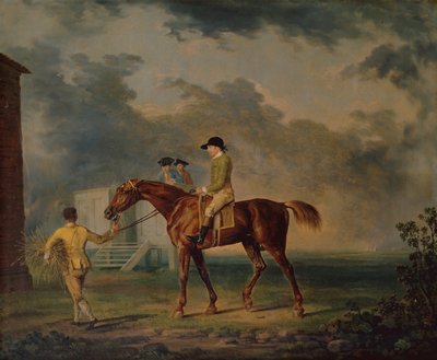 萨洛蒙爵士，一匹海湾赛马与J.Singleton，纽马克（布面油画）。 作者 乔治·斯塔布斯
