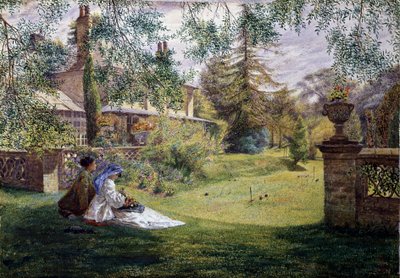 夏日的午后夏日的午后：两名年轻女子坐在花园的草地上。她们对面是一个板球场。乔治-威廉-莫特（1832-1909 年，英国人）的画作。普拉珀尔主义（普拉珀尔艺术）。私人收藏 作者 乔治·威廉·莫特