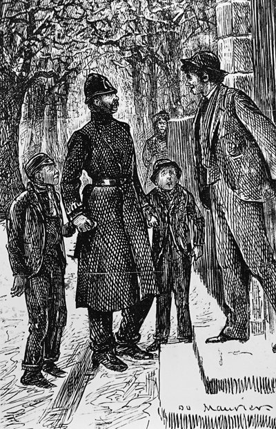 A London policeman presenting two street Arabs to the gentleman in front of whose doorstep they have been making a slide on the ice 作者 乔治·杜莫里耶