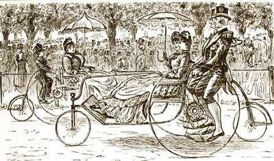 An engraving depicting passengers riding in bicycle carriages. Illustrated by George du Maurier (1834-1896) a Franco-British cartoonist and author 作者 乔治·杜莫里耶