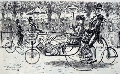 An engraving depicting passengers riding in bicycle carriages. Illustrated by George du Maurier (1834-1896) a Franco-British cartoonist and author 作者 乔治·杜莫里耶
