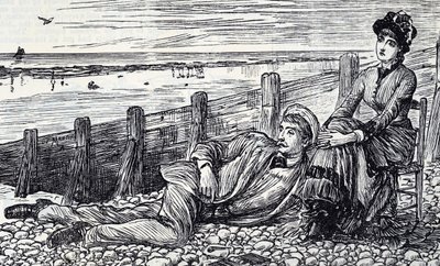 Cartoon depicting a couple enjoying their honeymoon on a pebbled beach 作者 乔治·杜莫里耶