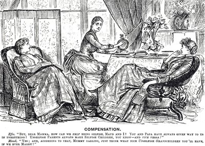 Cartoon depicting a woman using a handle-driven sewing machine 作者 乔治·杜莫里耶