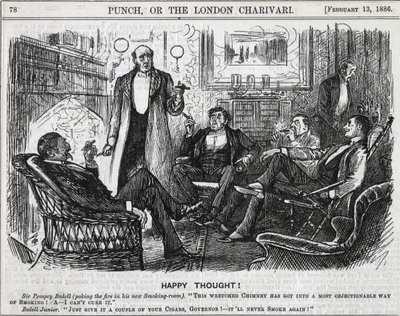 Gentlemen gathered in the smoking room smoking their after dinner cigars. George du Maurier cartoon from 