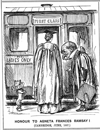Mr Punch bows to Agneta Frances Ramsay who sat, and passed with First Class Honours, the papers set, but could not receive a degree as Cambridge did not award them to women at this time. George du Maurier cartoon from Punch, London, 2 July 1887. Engraving 作者 乔治·杜莫里耶