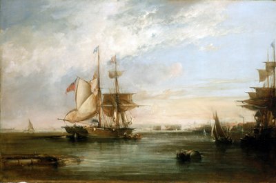 英国 Deptford 海岸外的游艇 "Isabel"。油画 作者 乔治·钱伯斯