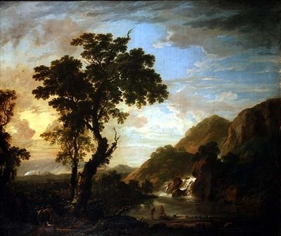 树林中的河流景观，前景是人物，远处是瀑布 作者 小乔治·巴雷特（George the Younger Barret）