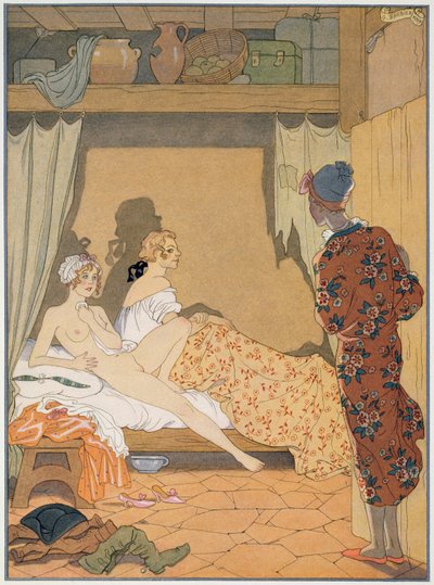 卧室场景，插图来自 Pierre Choderlos de Laclos（1741-1803 年）于 1920 年代出版的《危险关系》（pochoir print） 作者 乔治（后）理发师