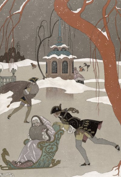 冰湖上的滑冰，保罗-魏尔伦（1844-96 年）的《Fetes Galantes》插图，1928 年出版（pochoir 印刷品） 作者 乔治（后）理发师
