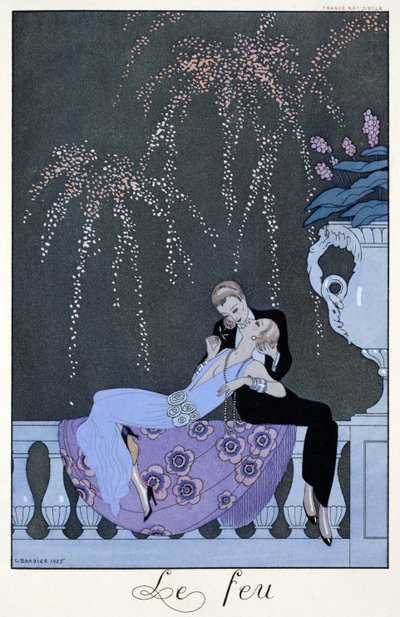 火》，保罗-魏尔伦（1844-96）1924 年创作的《Fetes Galantes》插图（pochoir 印刷品） 作者 乔治（后）理发师