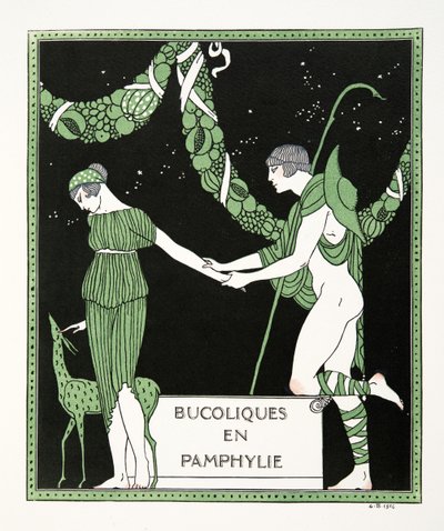 Bucoloques en Pamphylie》，插图选自《Les Chansons de Bilitis》，皮埃尔-路易著，1922 年出版（模板印刷）。1922 年（模板印刷） 作者 乔治理发师