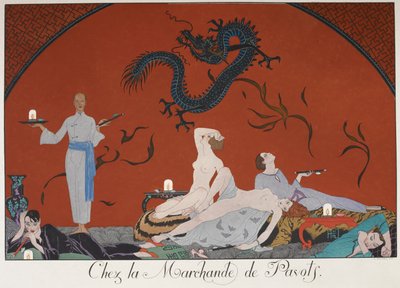 Chez la Marchande de Pasots。 人们，有些赤身裸体，躺在房间里。 中式装饰。 作者 乔治理发师