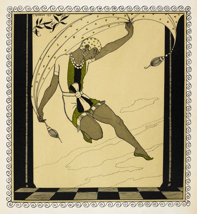 "克莱奥帕特尔安东-阿伦斯基（Anton Arensky）1909 年作品中的一位舞者，身着白色、绿色和黑色短装，腰间系带，脚穿绿鞋，头戴白色花纹帽子。 作者 乔治理发师