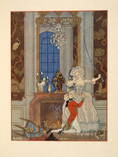 Danceny 向 Cecile 表白，插图选自 Pierre Choderlos de Laclos（1741-1803 年）的《Les Liaisons Dangereuses》，1934 年出版。1934 年（pochoir 印刷品） 作者 乔治理发师