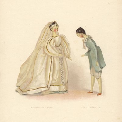 帕尔马公爵夫人和阿尔马维瓦伯爵的玩偶，来自《塞维利亚理发师》，由年轻的维多利亚公主打扮。 艾伦·赖特 (Alan Wright) 绘制的来自弗朗西斯·H·洛 (Frances H. Low) 的维多利亚女王玩偶 (Queen Victoria’s Dolls) 的插图的彩色板，乔治·纽尼斯 (George Newness)，伦敦 作者 乔治理发师