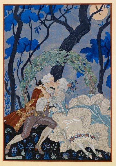 En Sourdine.一对男女在月光下拥吻。 作者 乔治理发师