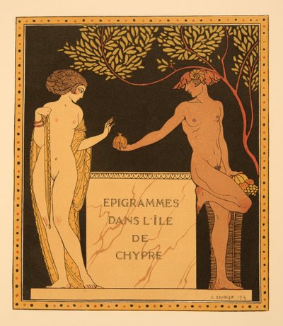塞浦路斯岛上的警句，插图来自 Les Chansons de Bilitis，作者 Pierre Louys，酒吧。 1922 年（模板印刷） 作者 乔治理发师