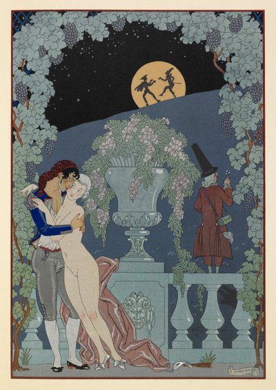 幻想曲。(木偶剧）选自德彪西的 Fêtes Galantes、Scaramouche 和 Pulcinelle。男子拥抱裸女。两个无花果在月光下的剪影。 作者 乔治理发师