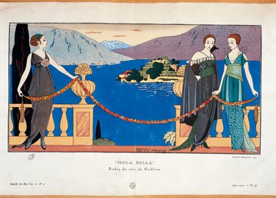乔治·巴比尔 (Georges Barbier) 设计的时尚版画，背景为《巴黎高级时装杂志 Gazette du Bon Ton》，描绘身着 Redfern 晚礼服的女士和博罗梅安·伊索拉·贝拉 (Borromean Isola Bella) 作者 乔治理发师