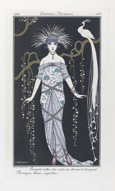 银色织锦大晚礼服。蓝色假发，假发，选自 Costumes Parisiens，1914 年出版（模板印刷）。 作者 乔治理发师