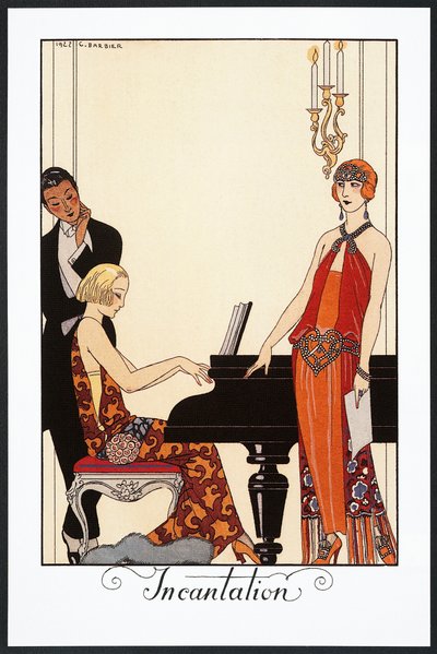 咒语，钢琴家和身着晚礼服的女子，插图选自《Falbalas et Fanfreluches》，1923 年年鉴 作者 乔治理发师