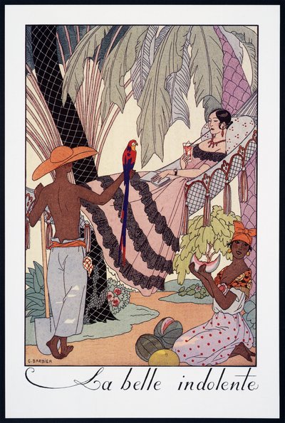 La Belle Indolente》，乔治-巴尔比耶（1882-1932 年）的石版画，选自《Falbalas et Fanfreluches》，《Almanach des Modes Presentes, Passees et Futures》，法国，20 世纪 作者 乔治理发师