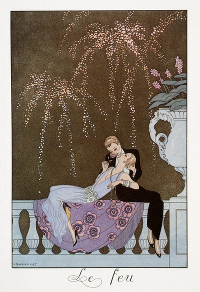 《Le Feu》，乔治·巴比尔（George Barbier，1882-1932）的石版画，出自《Falbalas et Fanfreluches》、《Almanach des Modes Presentes、Passees et Futures》 作者 乔治理发师