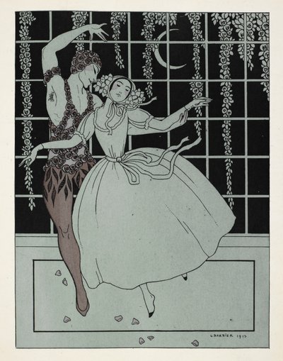 "玫瑰幽灵这幅画的名字来源于俄罗斯芭蕾舞团根据泰奥菲尔-戈蒂埃（Théophile Gautier）的诗歌改编的芭蕾舞剧。在最初的演出中，瓦斯拉夫-尼金斯基（Vaslav Nijinsky）饰演玫瑰，塔玛拉-卡尔萨维娜（Tamara Karsavina）饰演少女。 作者 Georges Barbier