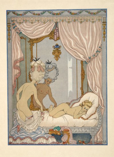 Marquise de Merteuil 参观 Cécile de Volanges 的寝宫，插图选自 Pierre Choderlos de Laclos（1741-1803 年）的《Les Liaisons Dangereuses》，1934 年出版。1934 年（模板印刷） 作者 乔治理发师