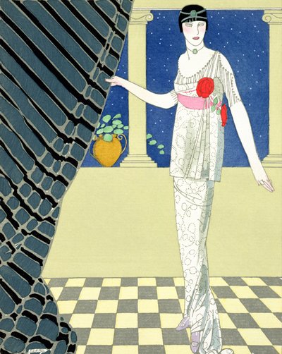 我的客人还没有到达，Redfern 设计的穿着裙子的女人插图（pochoir 印花） 作者 乔治理发师