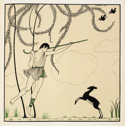 “纳西斯”。 一场古典芭蕾舞剧《纳西斯》中的场景。 《纳西斯》于 1911 年在蒙特卡洛首演。 男孩手持牧杖在空中跳舞，后腿站立着一只羔羊。 作者 乔治理发师