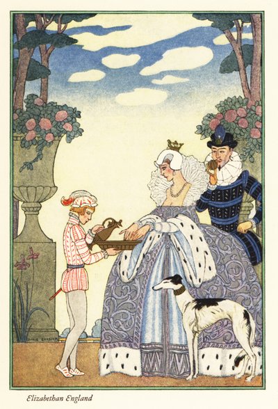 伊丽莎白女王在侍童端着的碗中洗手。1928 年（印刷品） 作者 乔治理发师