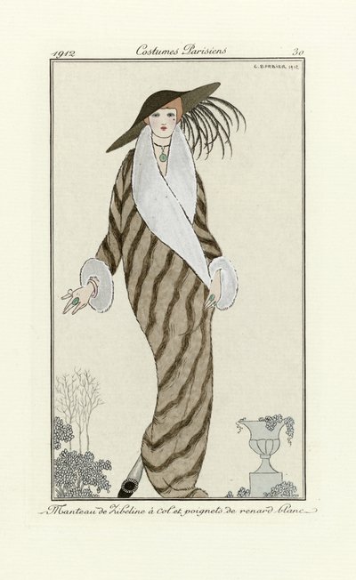 镶白狐饰边的貂皮大衣，选自《巴黎服饰》，1912 年出版（pochoir 印花）。 作者 乔治理发师
