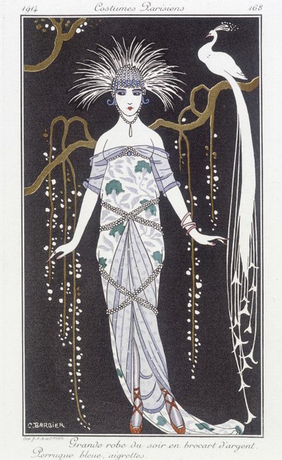 银色锦缎晚礼服和假发 - 乔治·巴比尔 (George Barbier)（1882-1932）插图。 在“《贵妇与时尚杂志：巴黎人服装》” 作者 乔治理发师