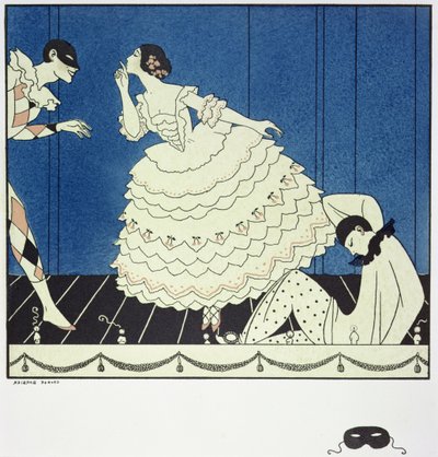 塔玛拉-卡尔萨维娜（1885-1978 年）饰演柯伦宾娜，瓦斯拉夫-尼金斯基（1890-1950 年）饰演哈莱金，阿道夫-波尔姆（1884-1951 年）饰演皮耶罗。1914 年（pochoir 印刷品） 作者 乔治理发师