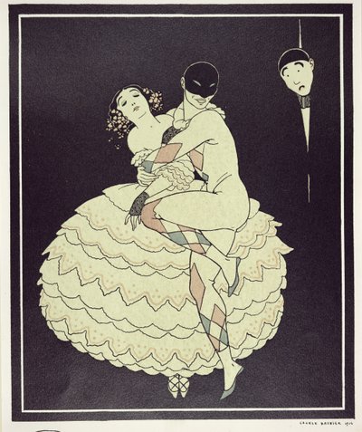Tamara Karsavina（1885-1978）作为Columbine和Vaslav Nijinsky（1890-1950）饰演Harlequin，于1910年在Fokine的&39;Carnaval&39;中出演。 1914年（pochoir print） 作者 乔治理发师