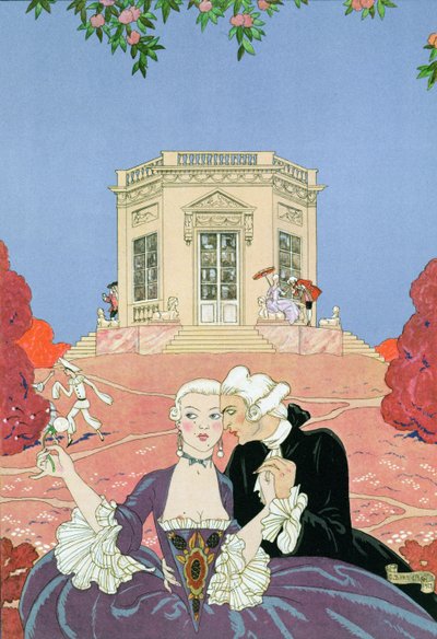 The Indolents，Paul Verlaine (1844-96) 1928 年为《Fetes Galantes》绘制的插图（pochoir 印刷品） 作者 乔治理发师