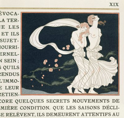 两个女孩穿着希腊风格的衣服，插图选自保罗-瓦莱里（1871-1945 年）1923 年出版的《神话》（pochoir 印刷品） 作者 乔治理发师