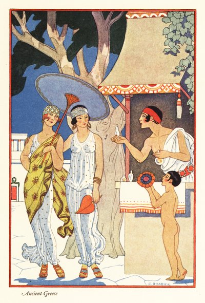 古希腊两名妇女在香水销售摊位前购物 1928 年（印刷品） 作者 乔治理发师