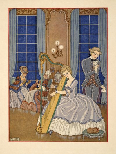 瓦尔蒙特引诱他的受害者，来自皮埃尔·乔德勒洛斯·德·拉克洛斯（Pierre Chodlerlos de Laclos，1741-1803）的《危险关系》插图。 1934 年（模板印刷） 作者 乔治理发师
