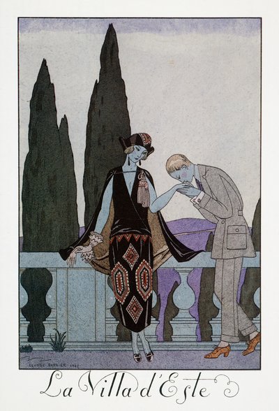 佛罗伦萨附近的埃斯特别墅，乔治-巴尔比耶（1882-1932 年）的石版画，选自 Falbalas et Fanfreluches, Almanach des Modes Presentes, Passees et Futures 作者 乔治理发师