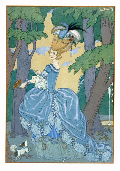 《森林漫步》，Paul Verlaine (1844-96) 1928 年为《Fetes Galantes》绘制的插图（pochoir 印刷品） 作者 乔治理发师