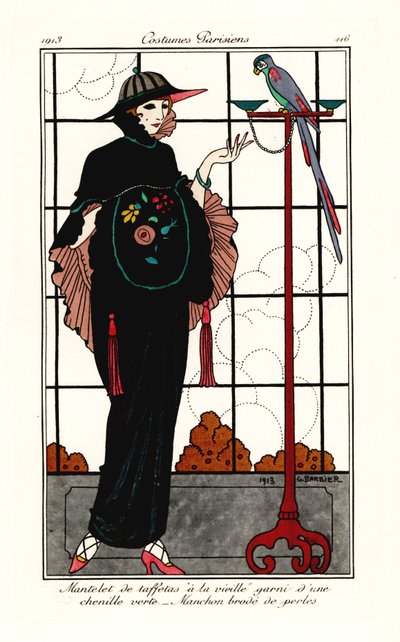 身着旧塔夫绸斗篷的女子与一只鹦鹉 作者 乔治理发师
