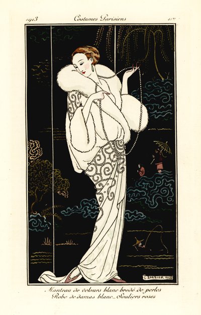 穿着天鹅绒斗篷、锦缎连衣裙和粉色拖鞋的女人。 作者 乔治理发师
