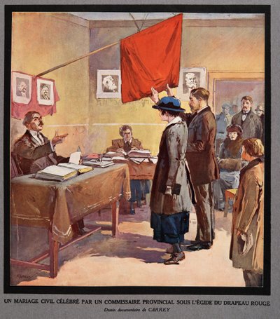 省专员在红旗下举行的公证结婚，摘自《苏维埃史》，1922 年出版（彩色石印）。1922 年（彩色石印） 作者 乔治·凯瑞