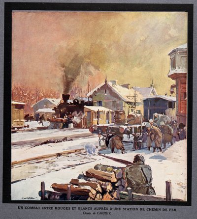 红卫兵和白卫兵在火车站的战斗，选自《苏维埃历史》，1922 年出版（彩色石版印刷）。1922 年（彩色石印） 作者 乔治·凯瑞