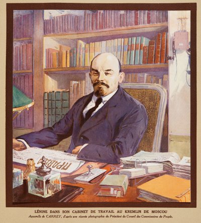 列宁在莫斯科克里姆林宫的办公室，选自《苏维埃史》，1922 年出版（彩色平版）。1922 年（彩色石印） 作者 乔治·凯瑞